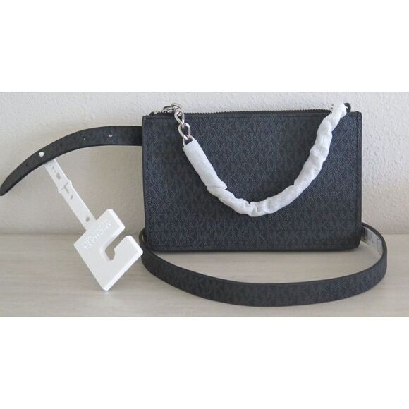 Michael Kors 554131C Sz Medium Black Sig. MK Logo PU Leather Waist Belt Bag - Picture 1 of 7